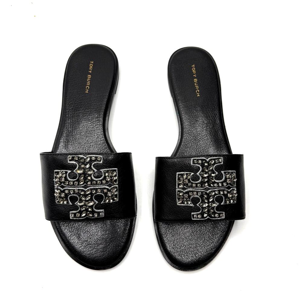NEW NWT  Tory Burch Everly Leather Embellished Crystal Accent Logo Slide Size 8